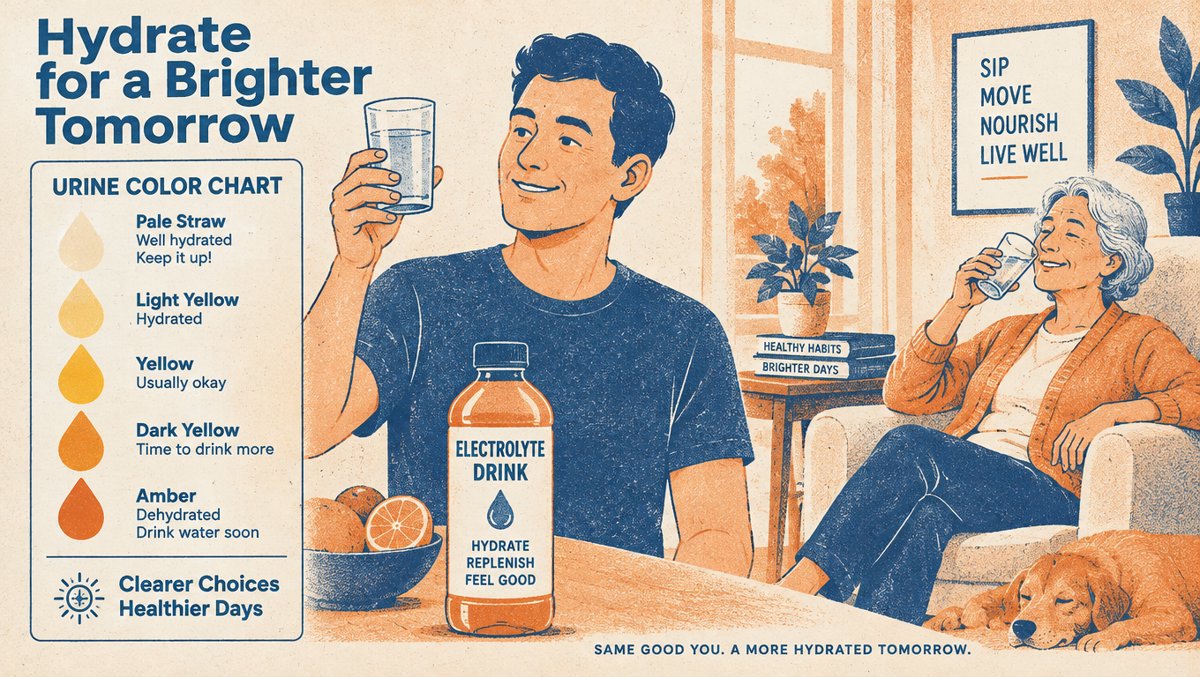 Clean health illustration of a urine color chart from pale straw to dark amber, with people checking hydration habits