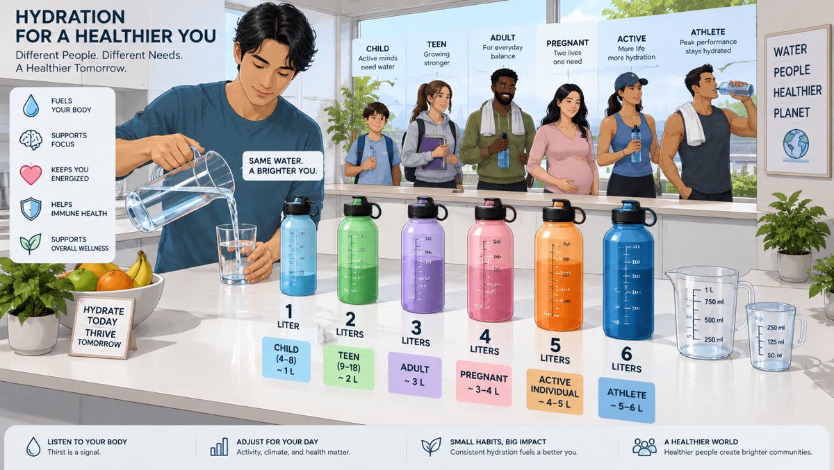 Clean health illustration showing personalized hydration with different water bottle fill levels and measuring cups