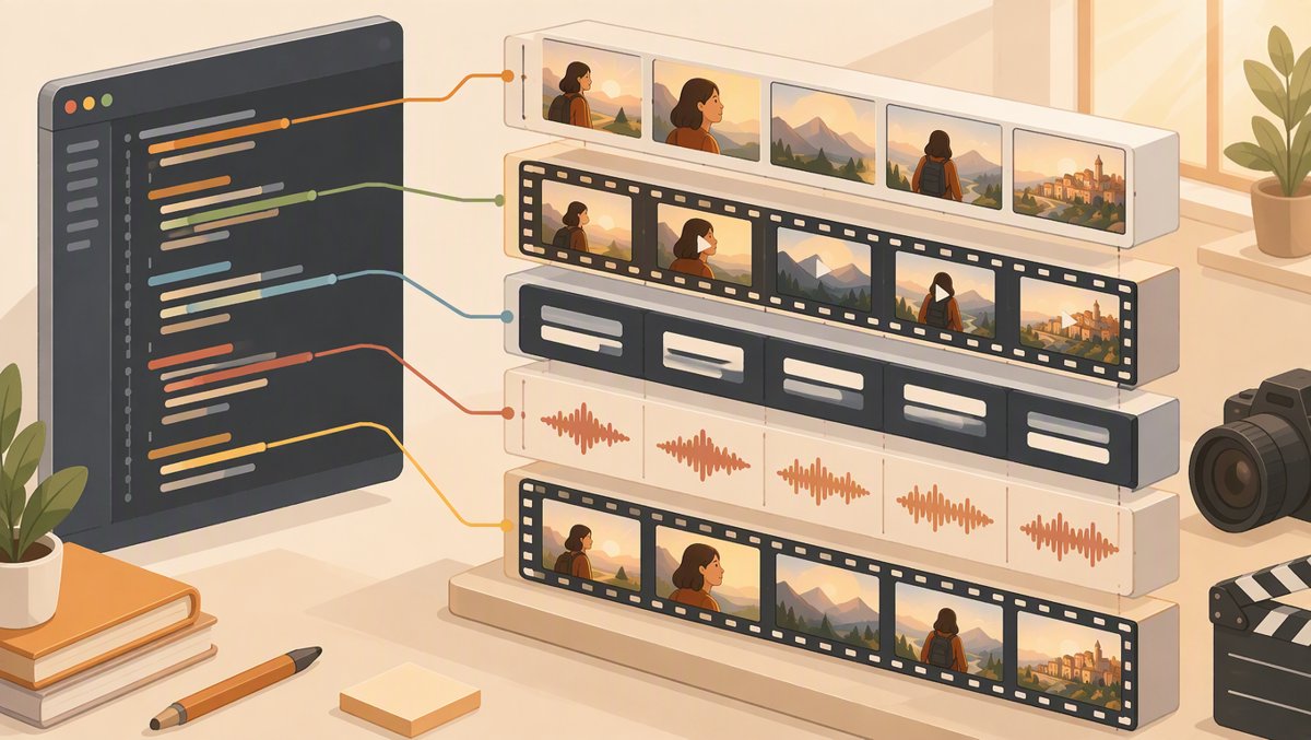 Flat-vector illustration of a code editor on the left wired to a video storyboard on the right — each line of text tied to a frame, five stacked layers for script, media, captions, speech and final film, in warm amber and cream