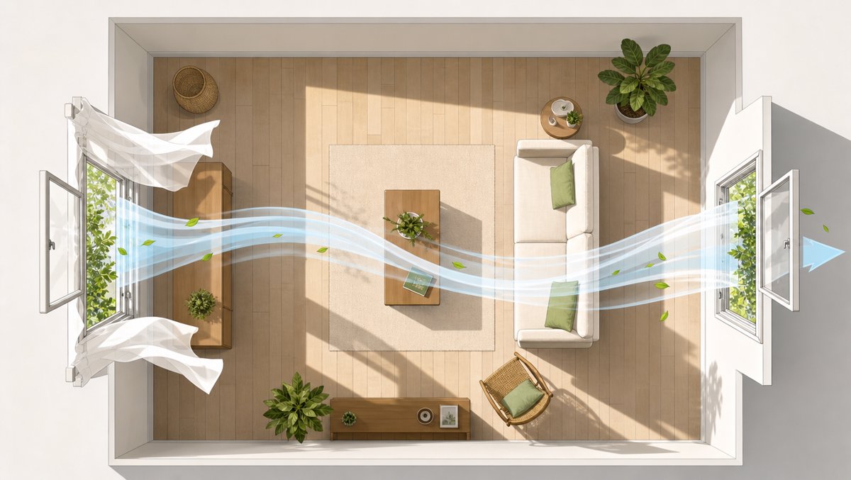Bright illustration of a cross-breeze ventilation reset — two open windows on opposite walls with flowing wind lines carrying fresh air through a sunlit living room