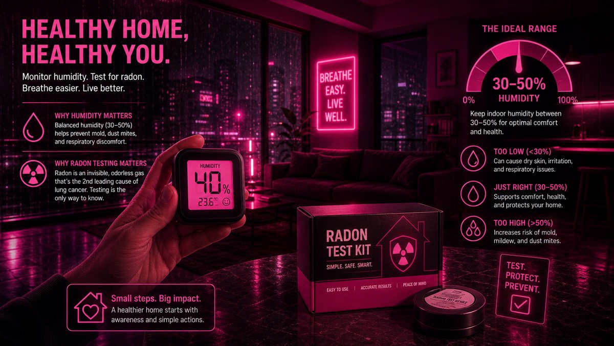 Infographic-style illustration of a hand holding a digital hygrometer reading 40%, a radon test kit on the table, and a balanced 30-50% humidity gauge