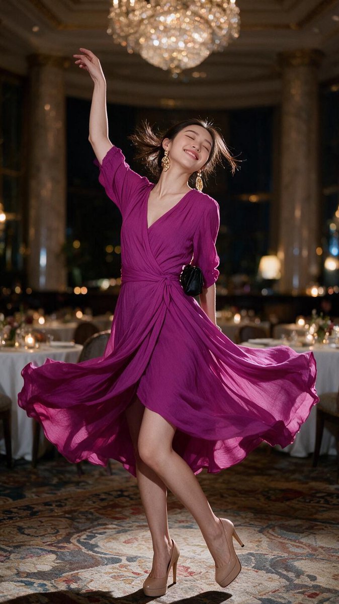 Monica twirling in a fuchsia crepe wrap dress under chandeliers in a grand luxury hotel dining hall