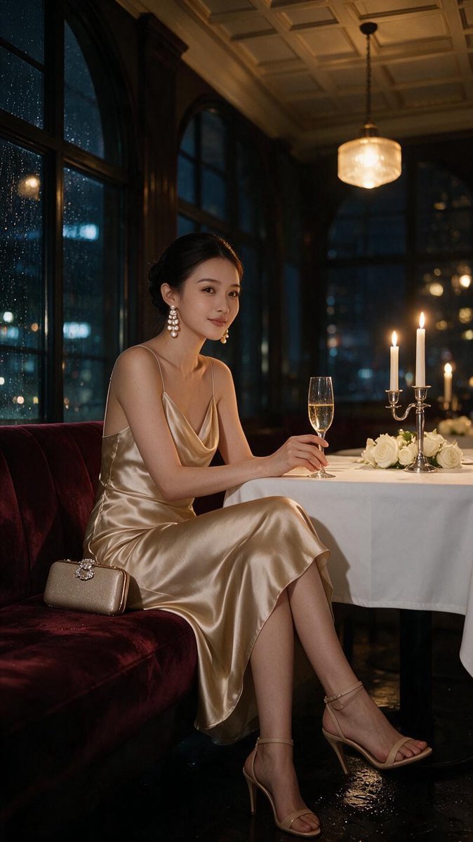 Monica in a champagne silk slip dress seated on a velvet banquette in a grand fine-dining hall with chandeliers, white roses and silver candelabra