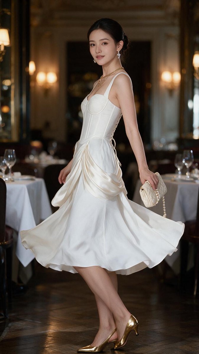 Monica in an ivory crepe column dress with corset bodice twirling mid-motion in an elegant French brasserie, fabric flaring, gold kitten heels
