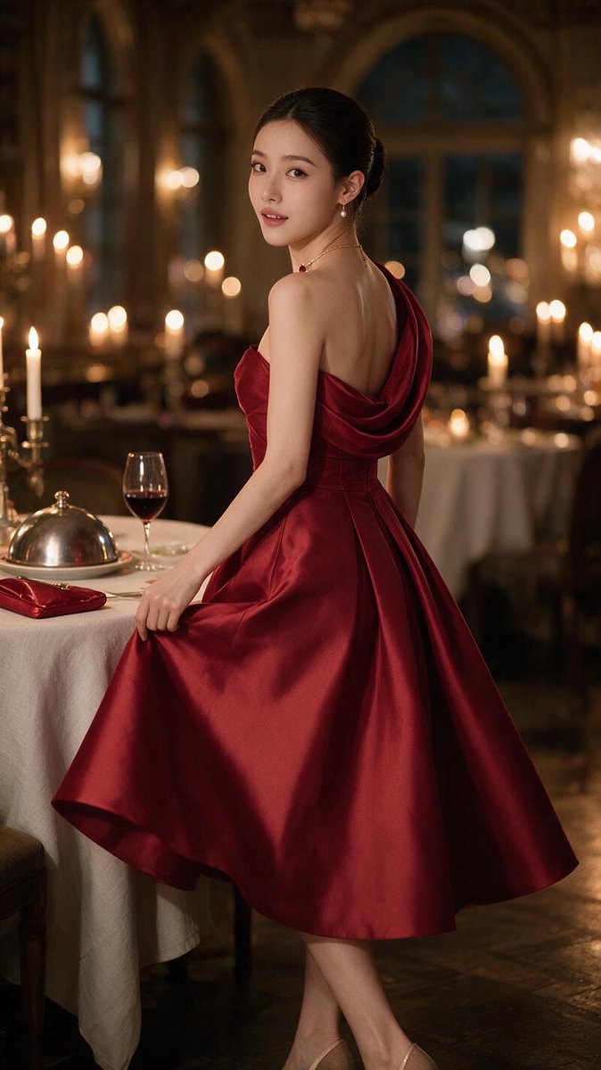 Monica in a cherry-red strapless A-line mikado dress glancing back over her bare shoulder in a candlelit Italian fine-dining hall, cowl-draped back, golden bokeh