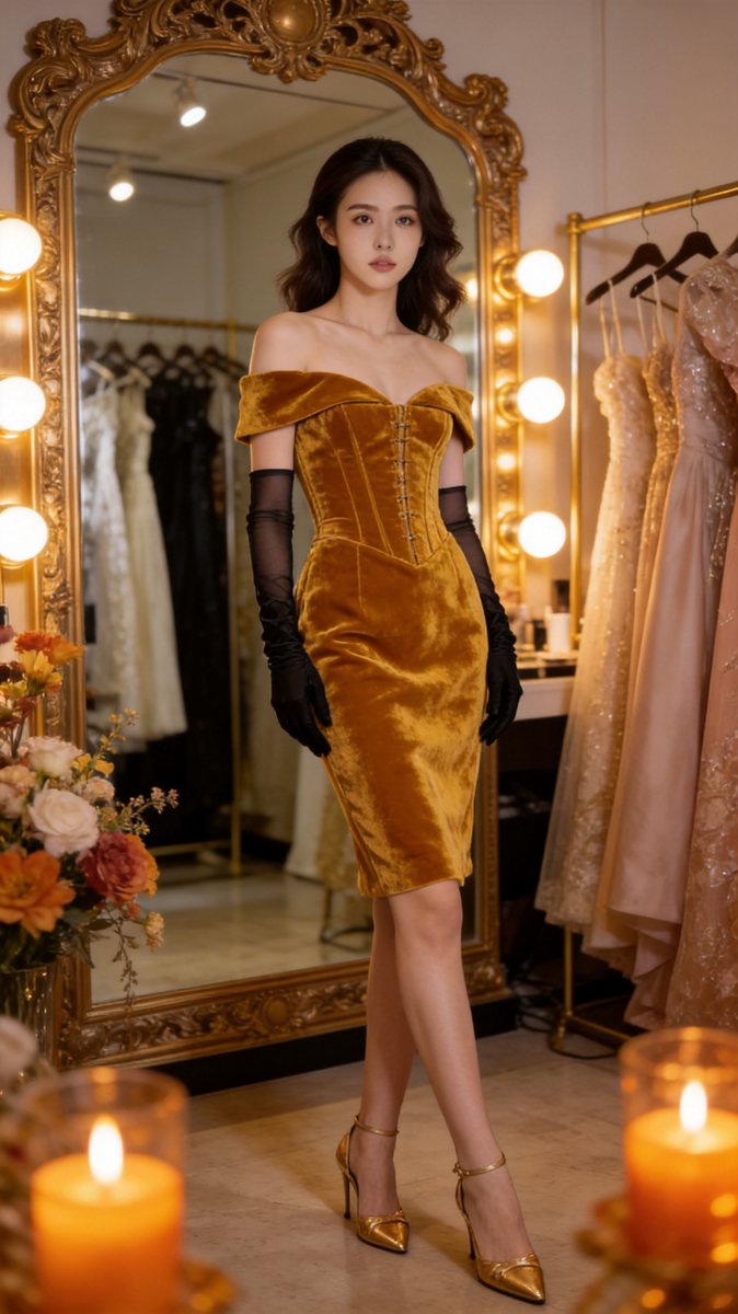 Monica in a marigold velvet off-shoulder cocktail dress with black opera gloves in an elegant backstage setting