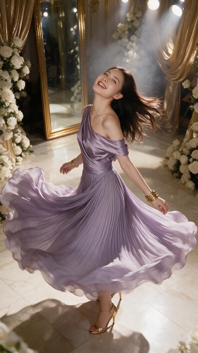 Monica mid-twirl backstage in an orchid-lilac pleated chiffon couture dress with an asymmetric draped satin bodice, gilded mirrors and white roses glowing behind her