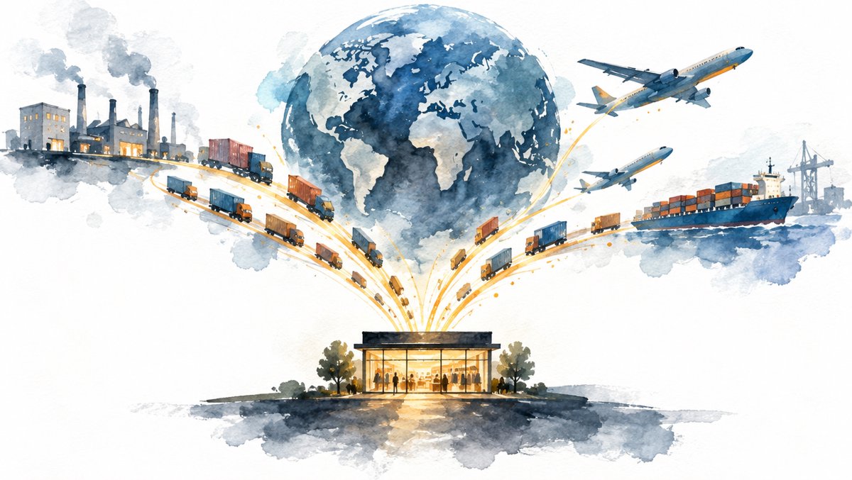 Conceptual illustration of global supply chains converging on a single glowing storefront