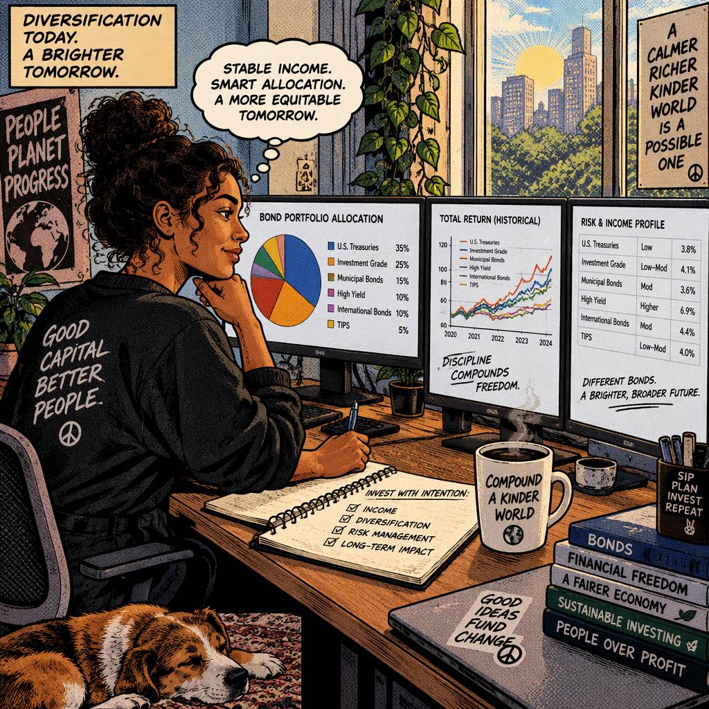 Investor calmly reviewing a diversified bond portfolio on multiple monitors in a bright home office
