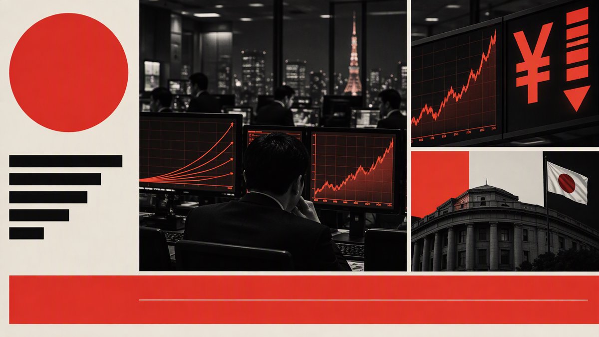 Trading floor terminals showing Japanese government bond yield curves and yen exchange rates glowing in the dark
