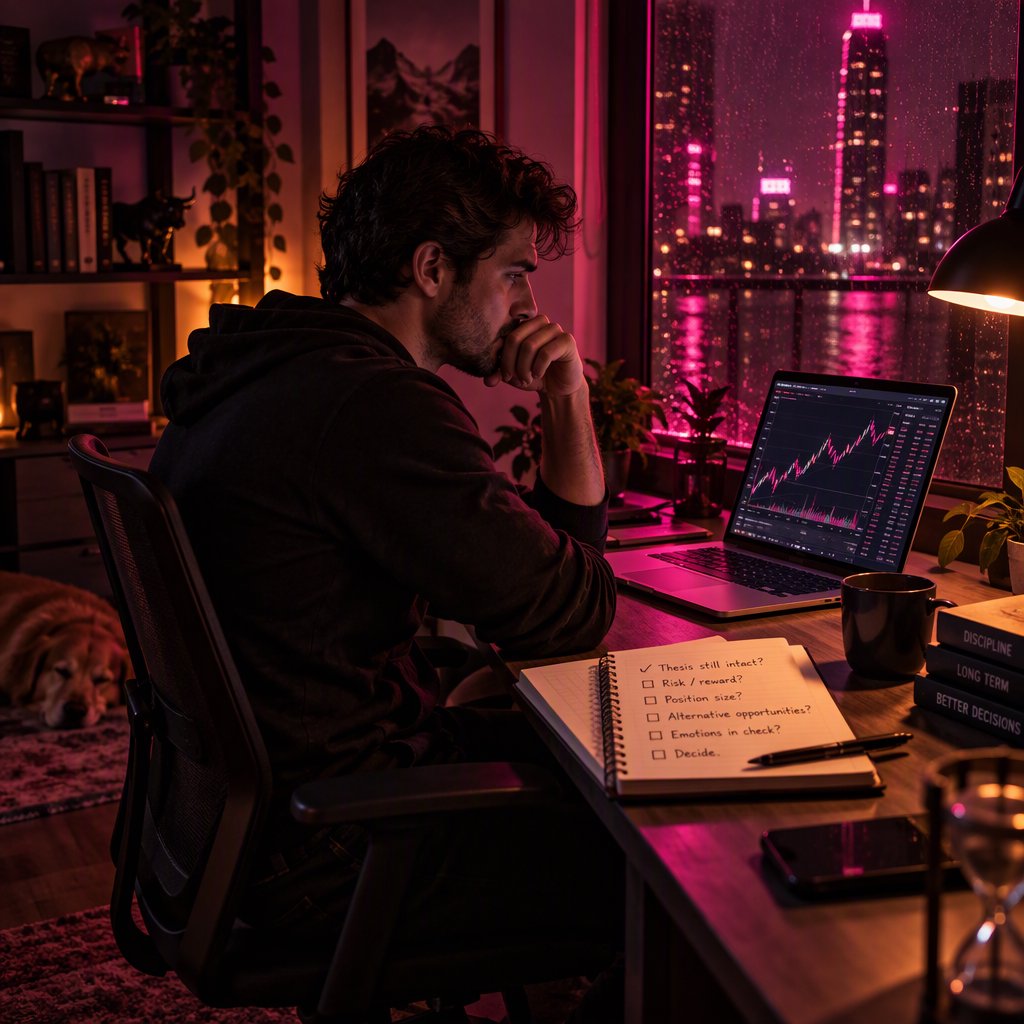 Actionable advice scene — investor reviewing charts and a decision checklist at night