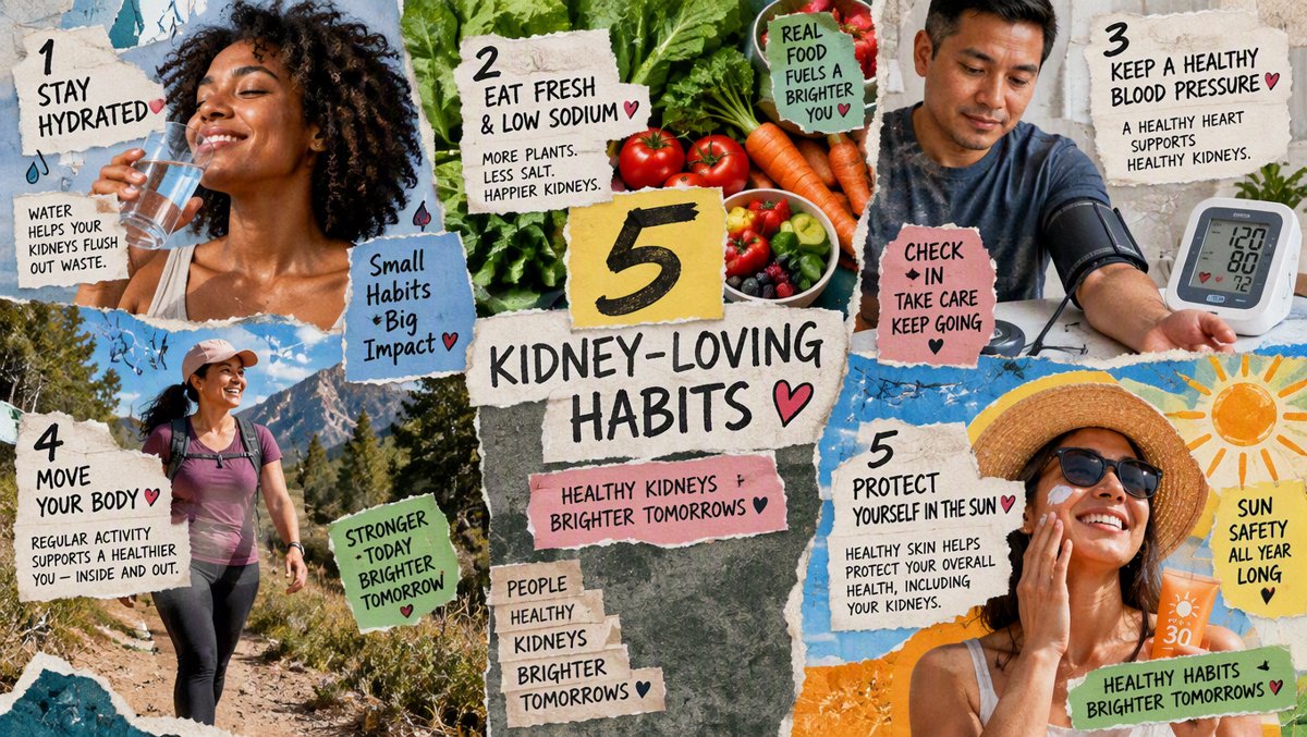 Collage of five kidney-loving habits β hydration, fresh vegetables, blood pressure checks, walking, and smart medication use
