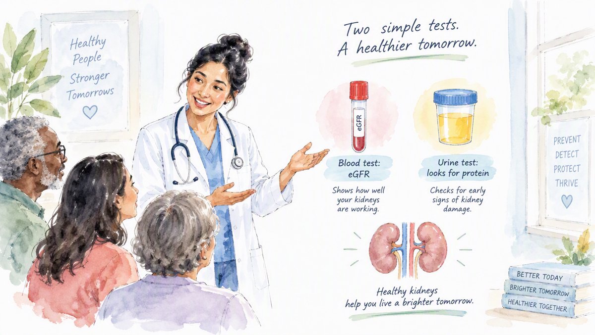 Friendly doctor explaining the two simple kidney tests, eGFR blood test and uACR urine test