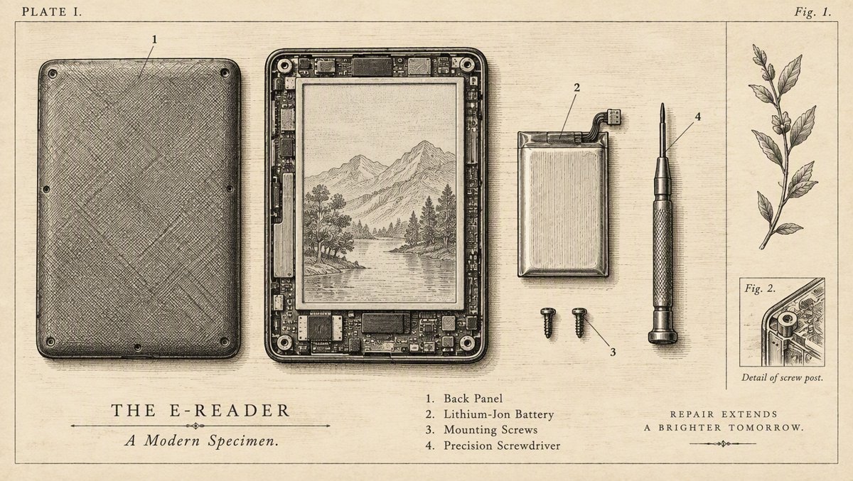 E-reader teardown flat-lay with removable battery and two screws beside a precision screwdriver, repair-friendly right-to-repair aesthetic