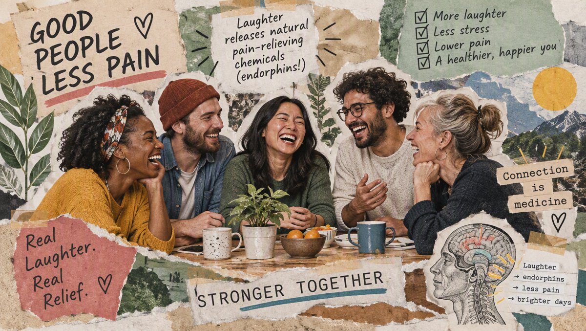 Illustration of friends laughing together β social laughter as a natural painkiller