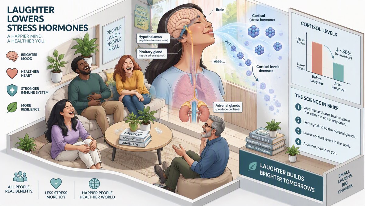 Illustration of laughter lowering stress hormones, with cortisol fading away
