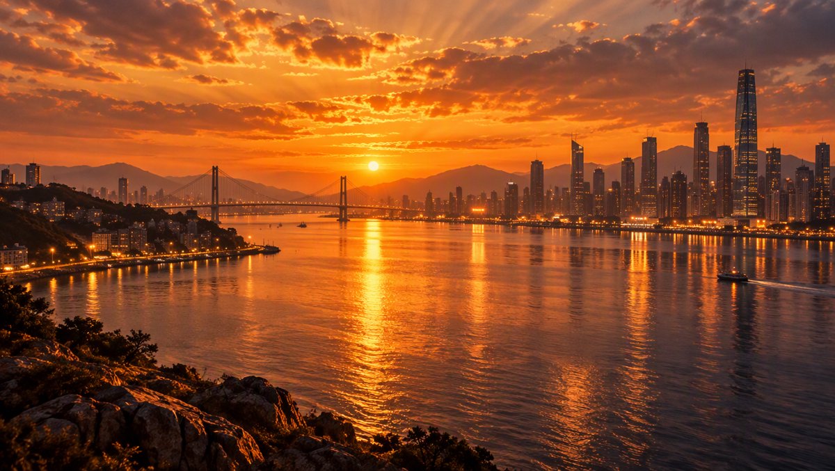 Amber skyline at golden hour reflected over calm water, first city lights coming on