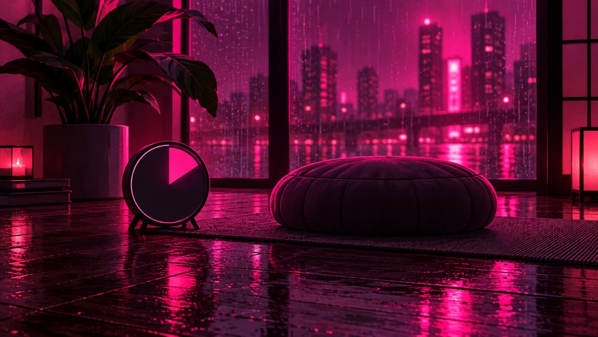 Illustration of a 13-minute timer beside a meditation cushion in morning light