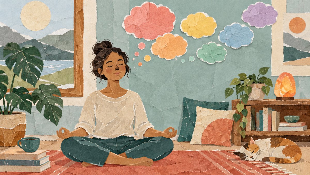 Illustration of a person meditating while distracting thoughts float past like clouds