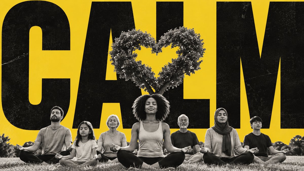 Illustration of diverse people meditating together in a sunny park under a heart-shaped canopy