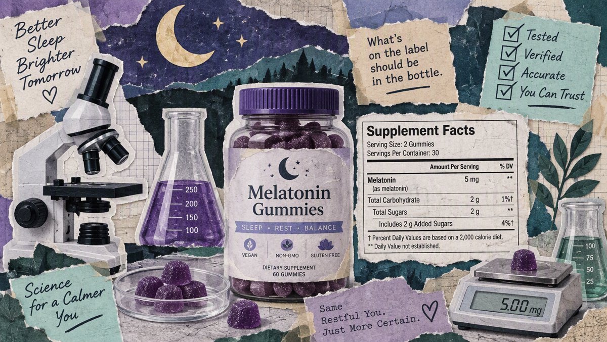 Melatonin gummies being lab-tested beside a microscope and measuring scale — supplement label accuracy illustration