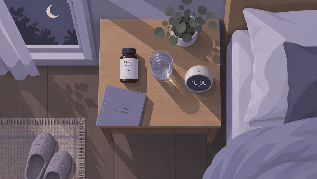 Cozy nightstand at night with a supplement bottle, glass of water and alarm clock under a crescent moon — modern wellness illustration