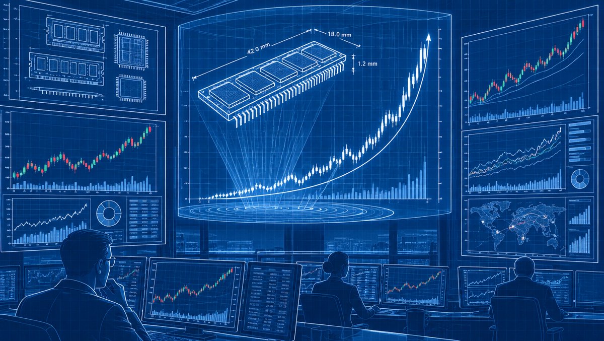 Data visualization scene: financial dashboards showing memory price curves