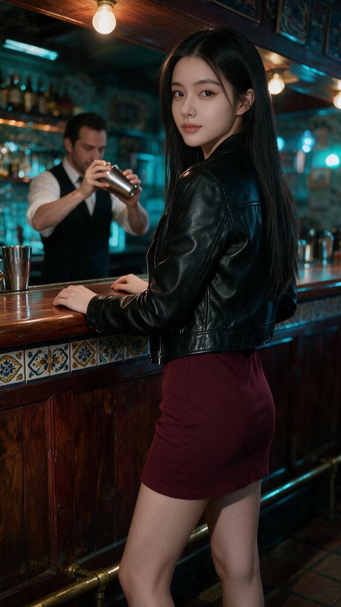 Cindy in a leather jacket and crimson mini dress at an antique mahogany cantina bar with Talavera tiles in Mexico City