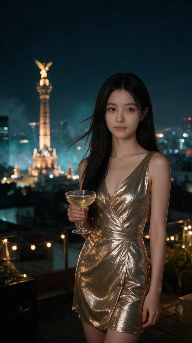 Cindy in a champagne-gold cocktail dress on a Roma Norte rooftop terrace at night with the Mexico City skyline glowing behind her
