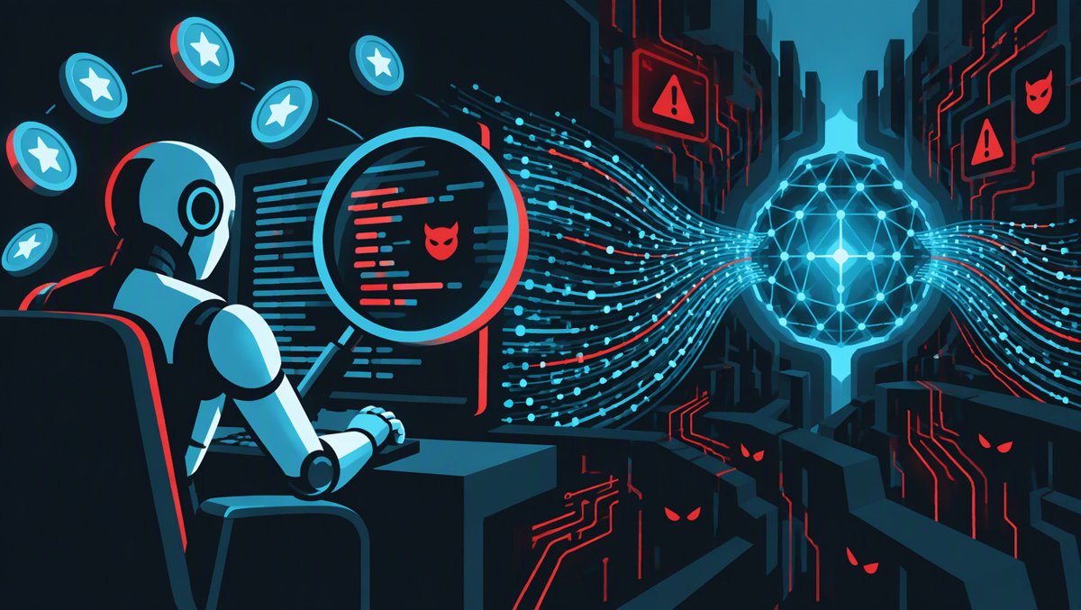AI reinforcement learning sprint — an agent hunting reward exploits among rivers of training trajectories