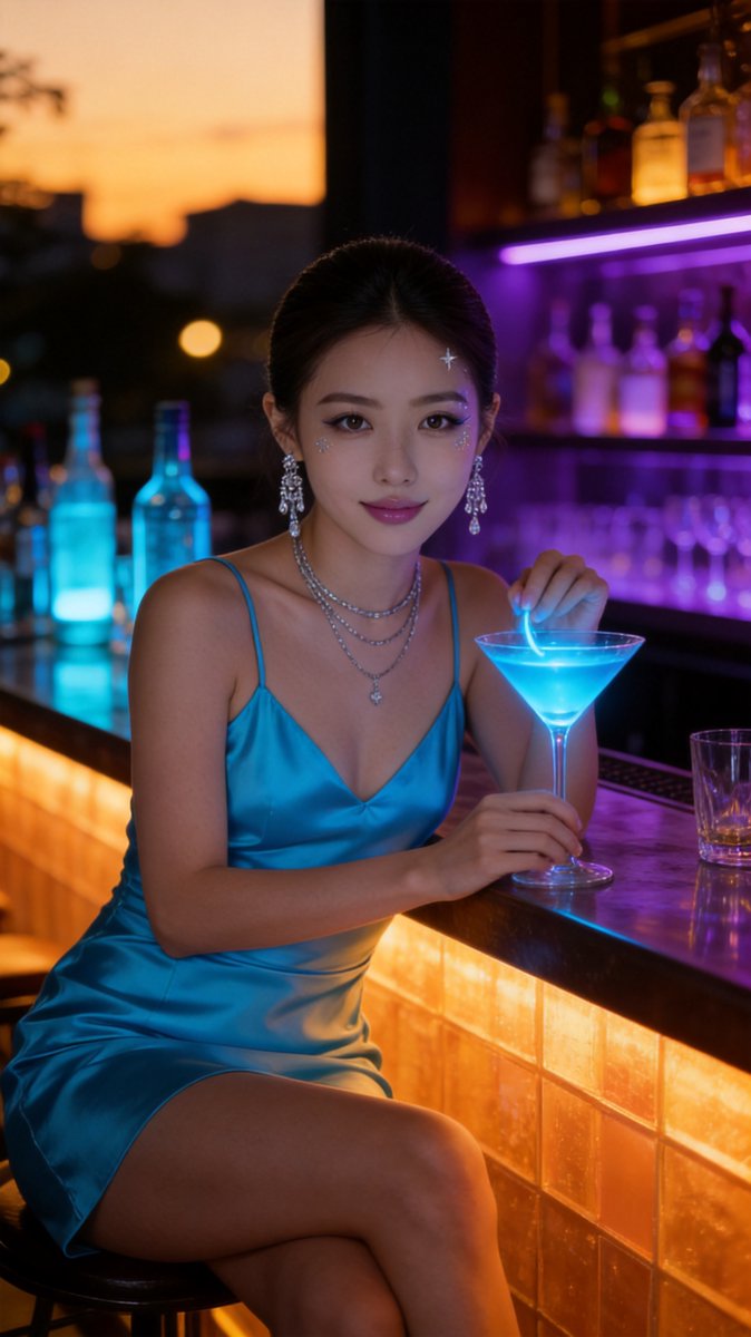 Monica at a moody cocktail bar in an electric cyan satin slip dress with holographic glitter makeup and a neon blue martini