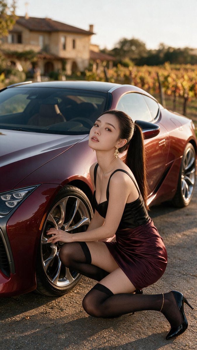 Look 2: Monica in a garnet-burgundy satin bodycon mini skirt and black satin bustier, crouching to touch the front wheel of a garnet-red Lexus LC 500 in a golden-hour vineyard courtyard