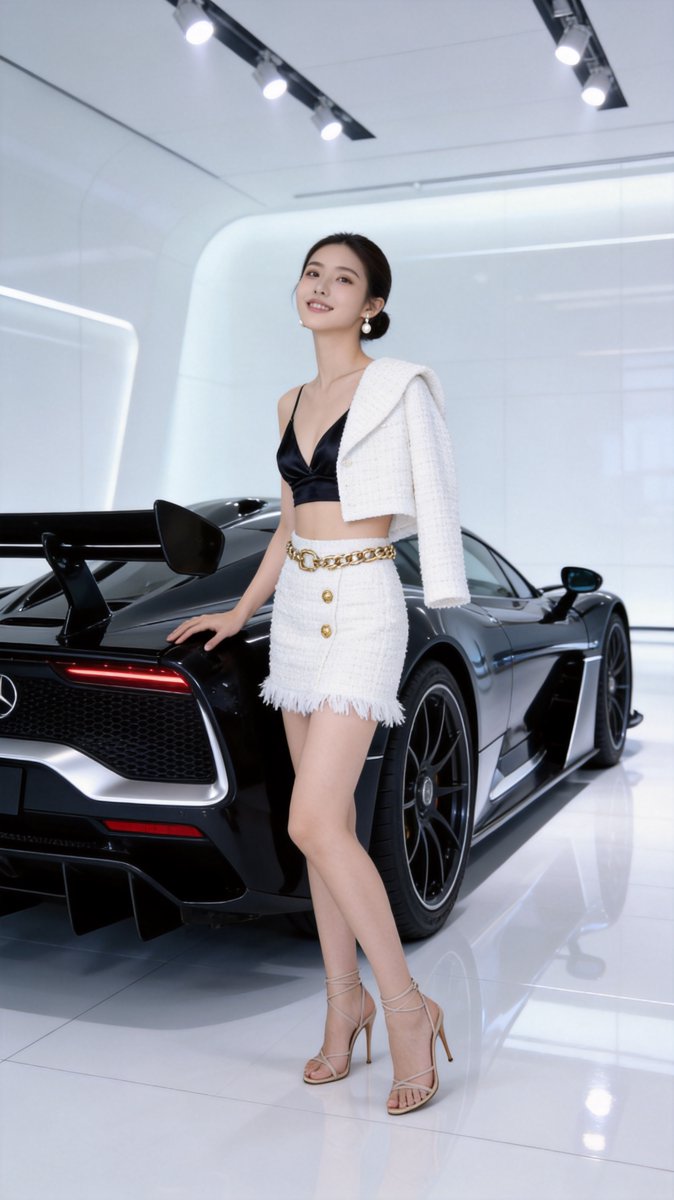 Look 2: Monica in a white tweed bouclรฉ mini skirt with a cropped tweed jacket posing beside an obsidian black Mercedes-AMG ONE in a futuristic white showroom