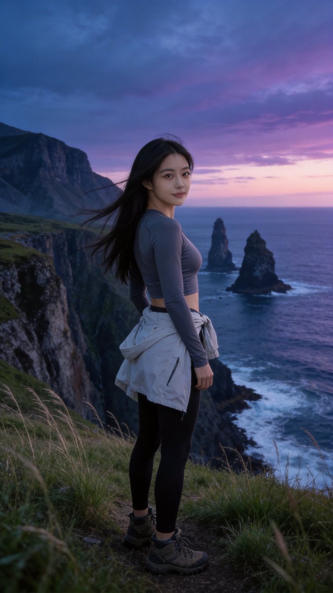 Cindy on the twilight Green Gardens seacliff meadow with volcanic sea stacks and the Atlantic behind her