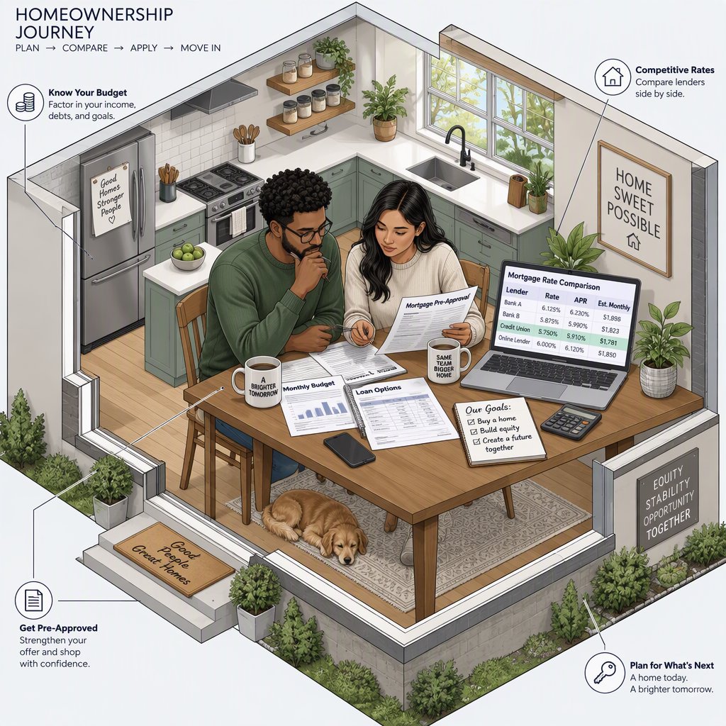 Young couple at a kitchen table reviewing mortgage documents and laptop rate comparisons, natural light