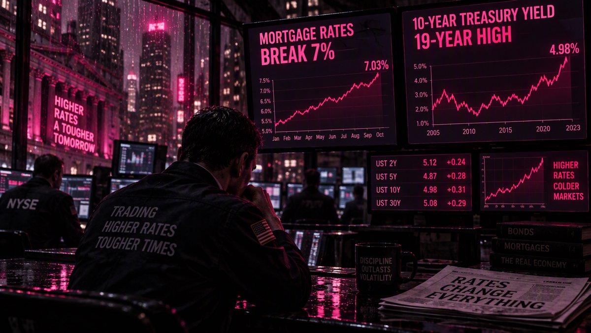 Trading floor monitors showing steep red yield curves and mortgage rate charts spiking past 7%
