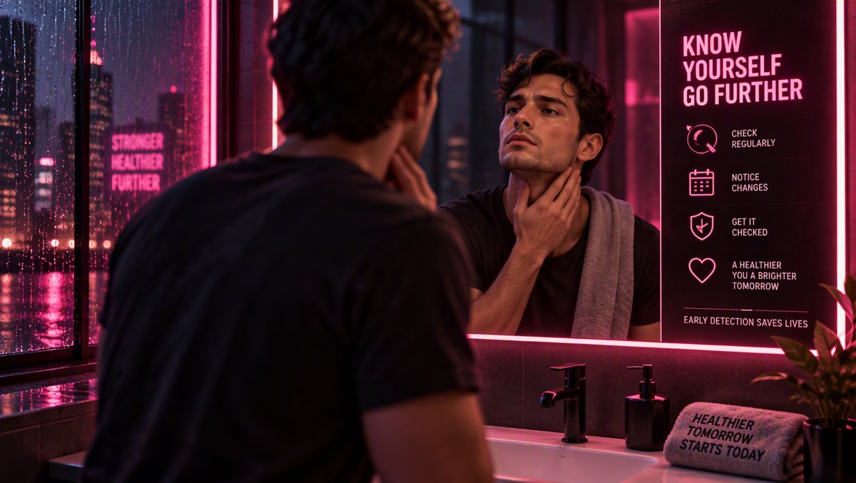 Young man doing his monthly shower self-check, modern educational illustration β testicular cancer early detection for men 15-35