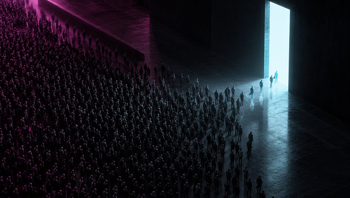 An enormous crowd of dim gray silhouettes flows toward a vast glowing exit door, with only a tiny handful of bright cyan figures passing through it