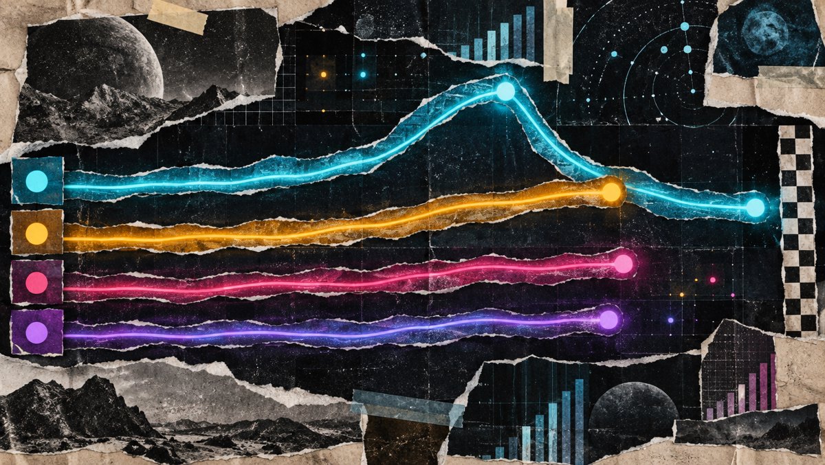Abstract benchmark race visualization — ahead on tools, behind on code
