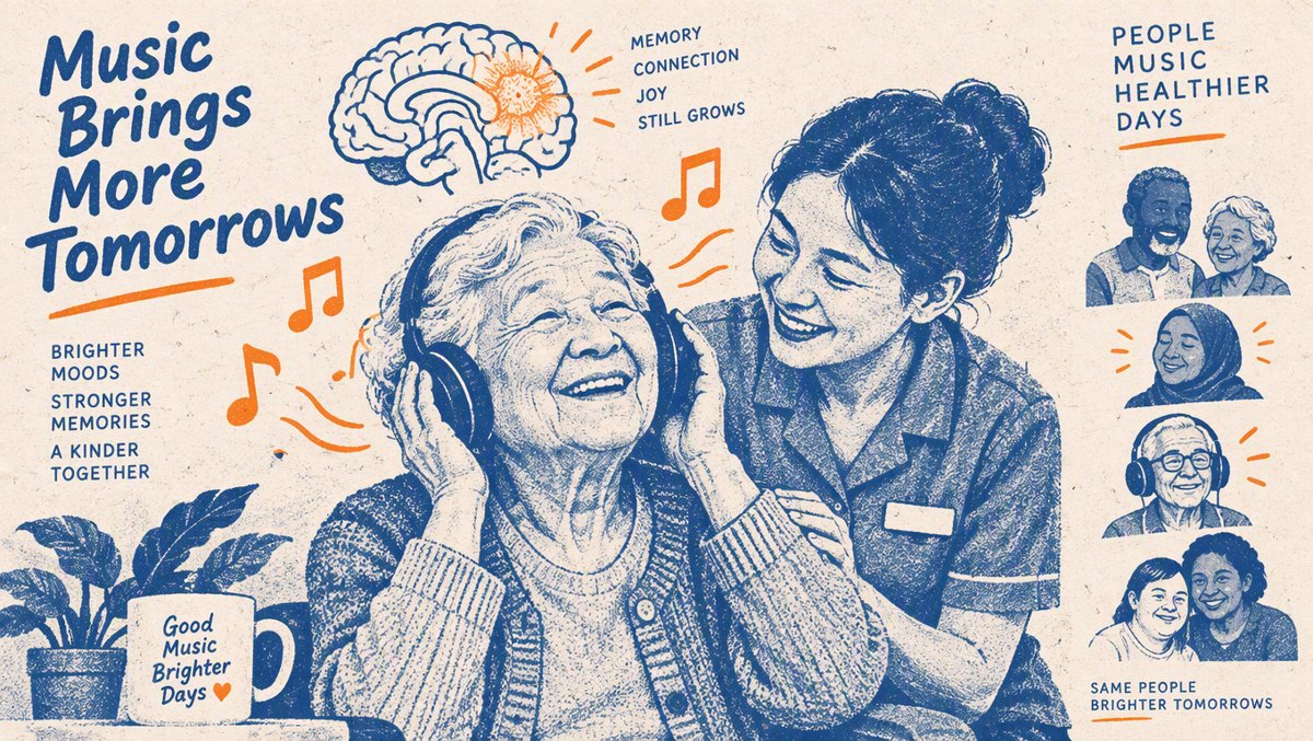 Elderly person smiling while listening to music through headphones with a caregiver, glowing musical notes