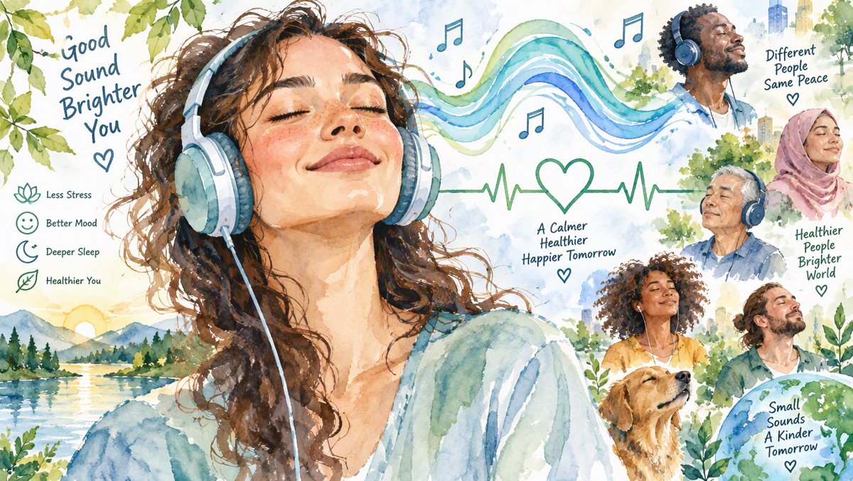 Relaxed woman with eyes closed wearing headphones, stress melting away as calming sound waves