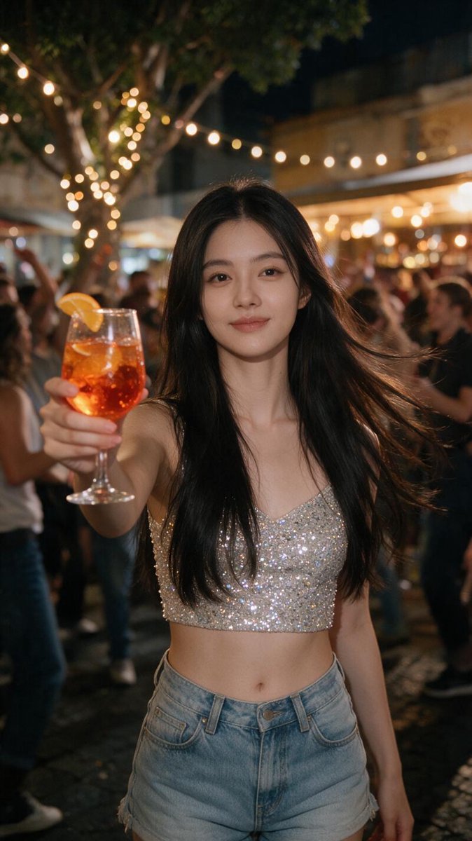 Cindy raising an Aperol spritz at a fairy-lit piazza party in Naples
