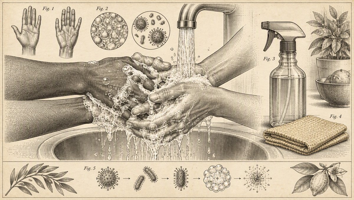 Clean illustration of hands being washed under running water with soap suds, next to a spray bottle and cleaning cloth on a kitchen counter, bright clinical-yet-wellness style
