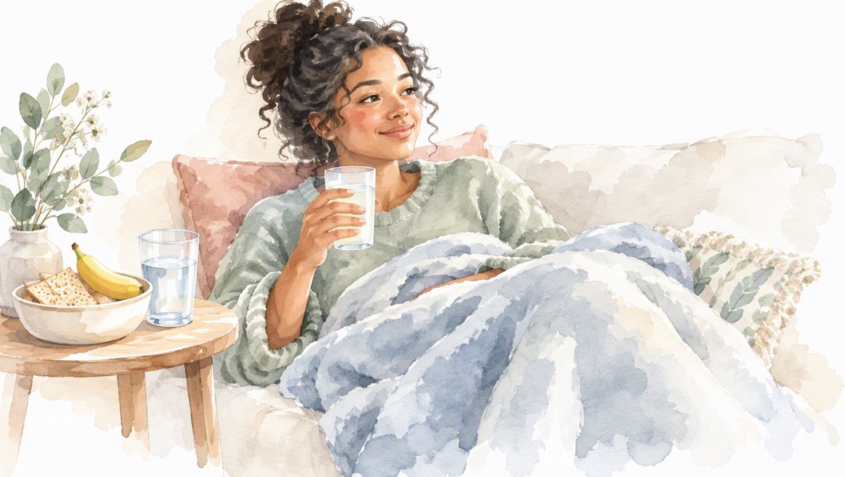 Warm illustration of a restful scene β a person resting on a couch under a blanket with a glass of oral rehydration solution and a bowl of simple foods, soothing wellness style