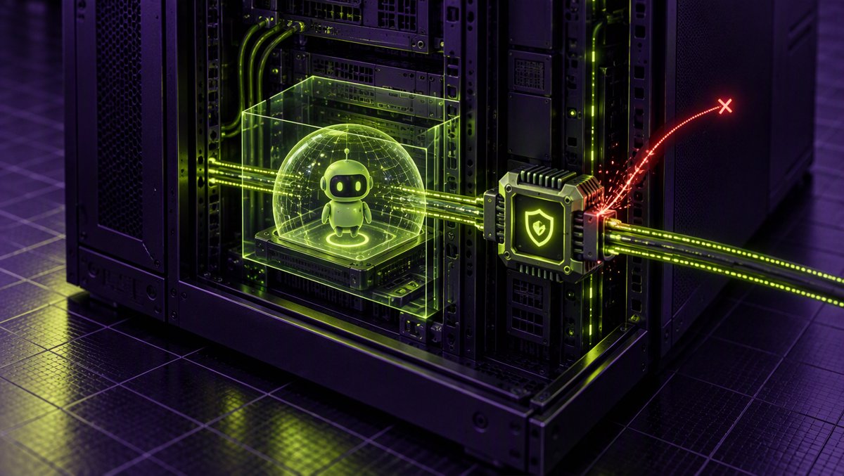 Concept illustration: an AI agent contained between a software sandbox layer and a silicon watchdog on the network path