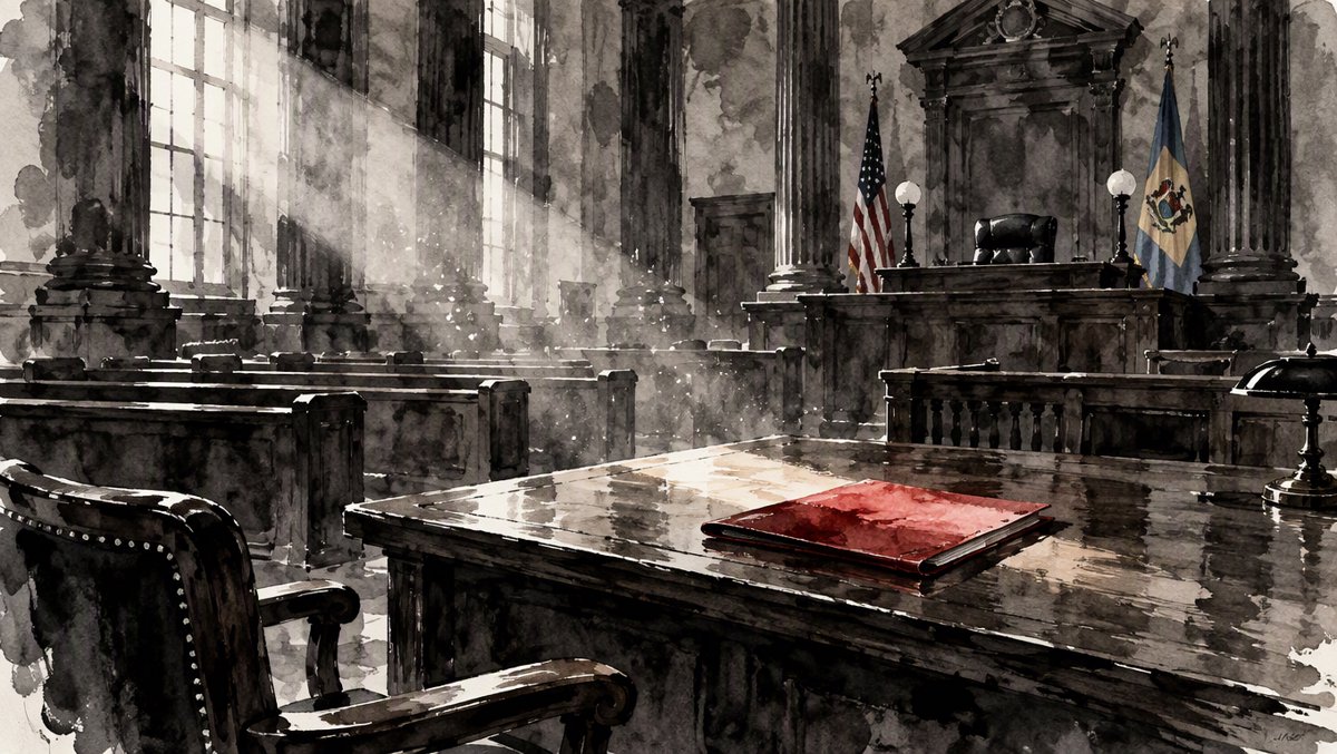 Empty Delaware courtroom in dramatic black and white, a single red legal folder on the plaintiff's table