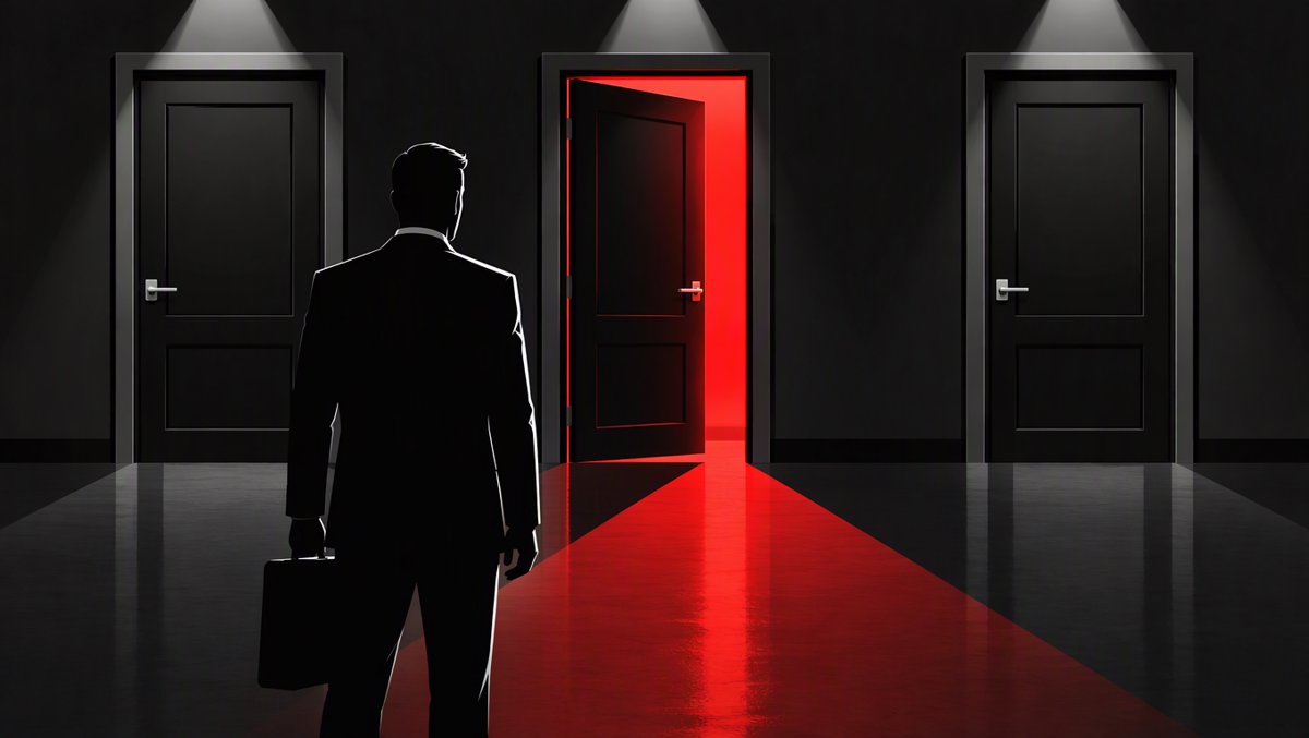 Dark corporate corridor with three doors, middle one ajar with red light spilling out — monochrome editorial photograph