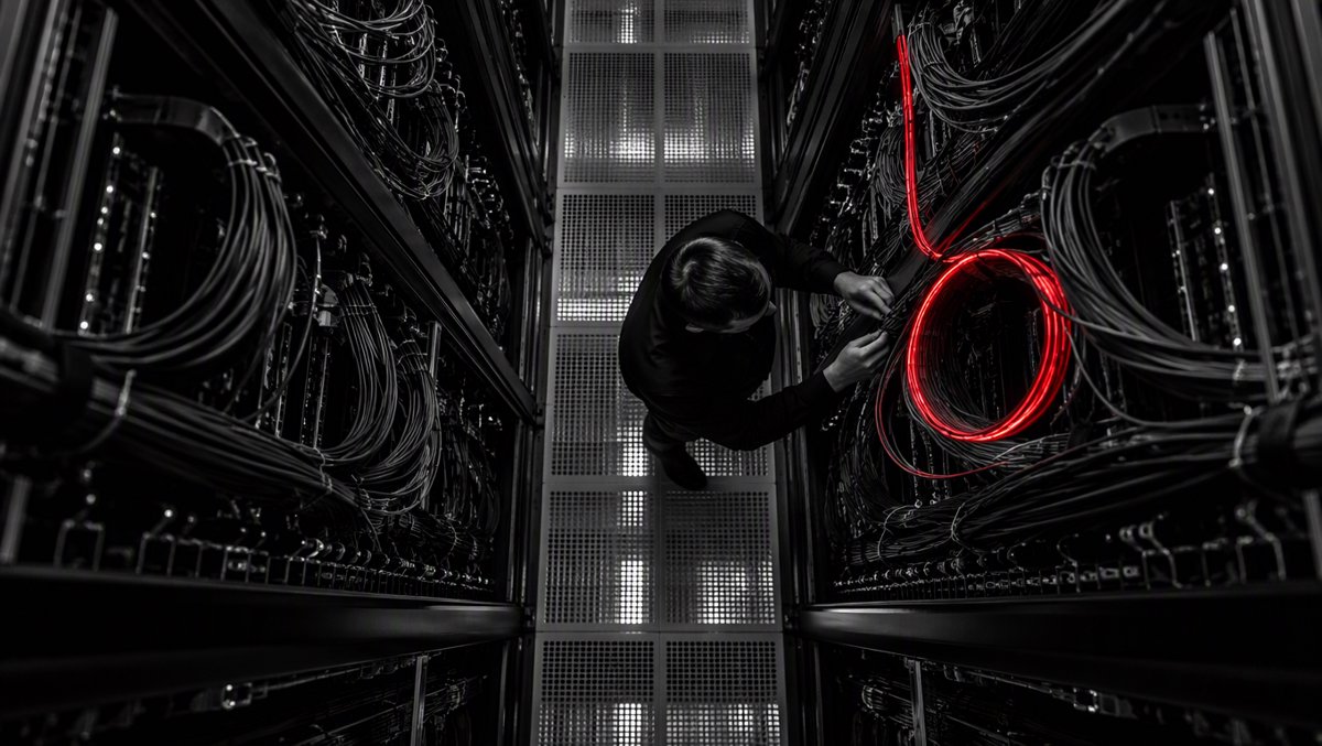 Overhead shot of data center fiber optic cables, one glowing red cable looping back on itself like a flywheel