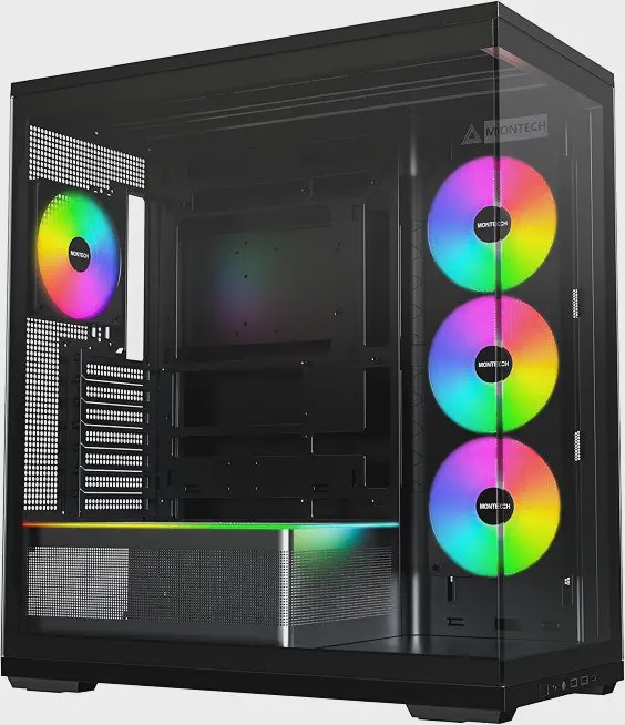 Montech TG3 panoramic tempered glass ATX case with ARGB fans — real product photo