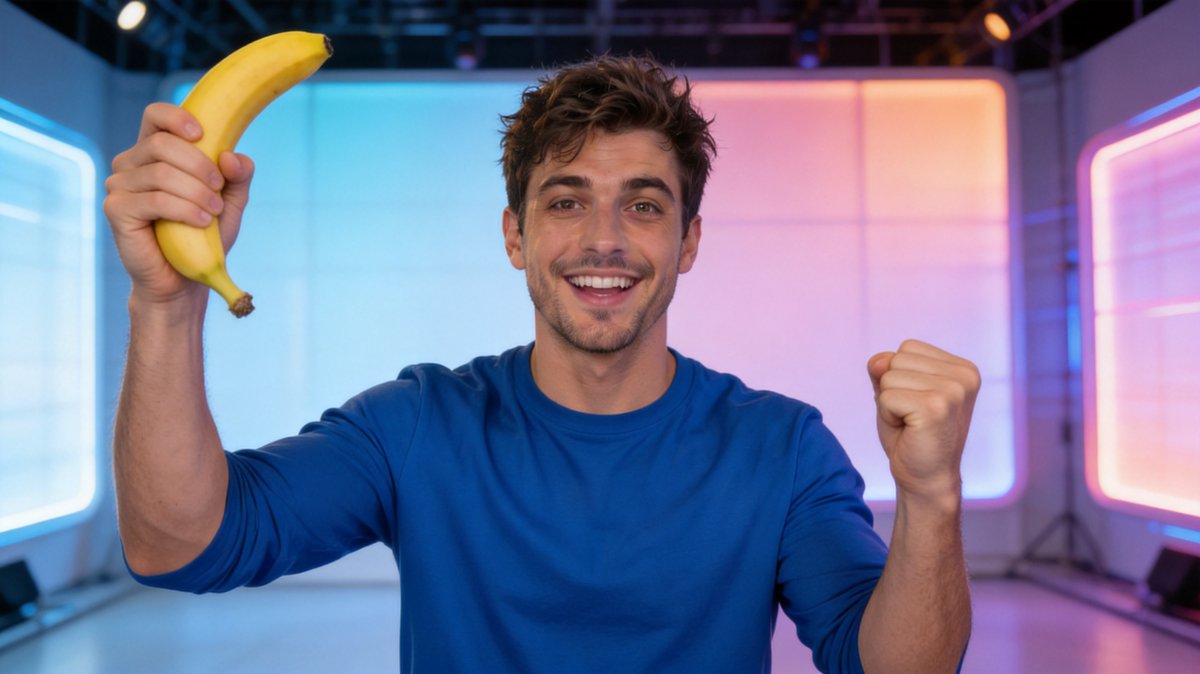 Max holds a banana aloft like a trophy